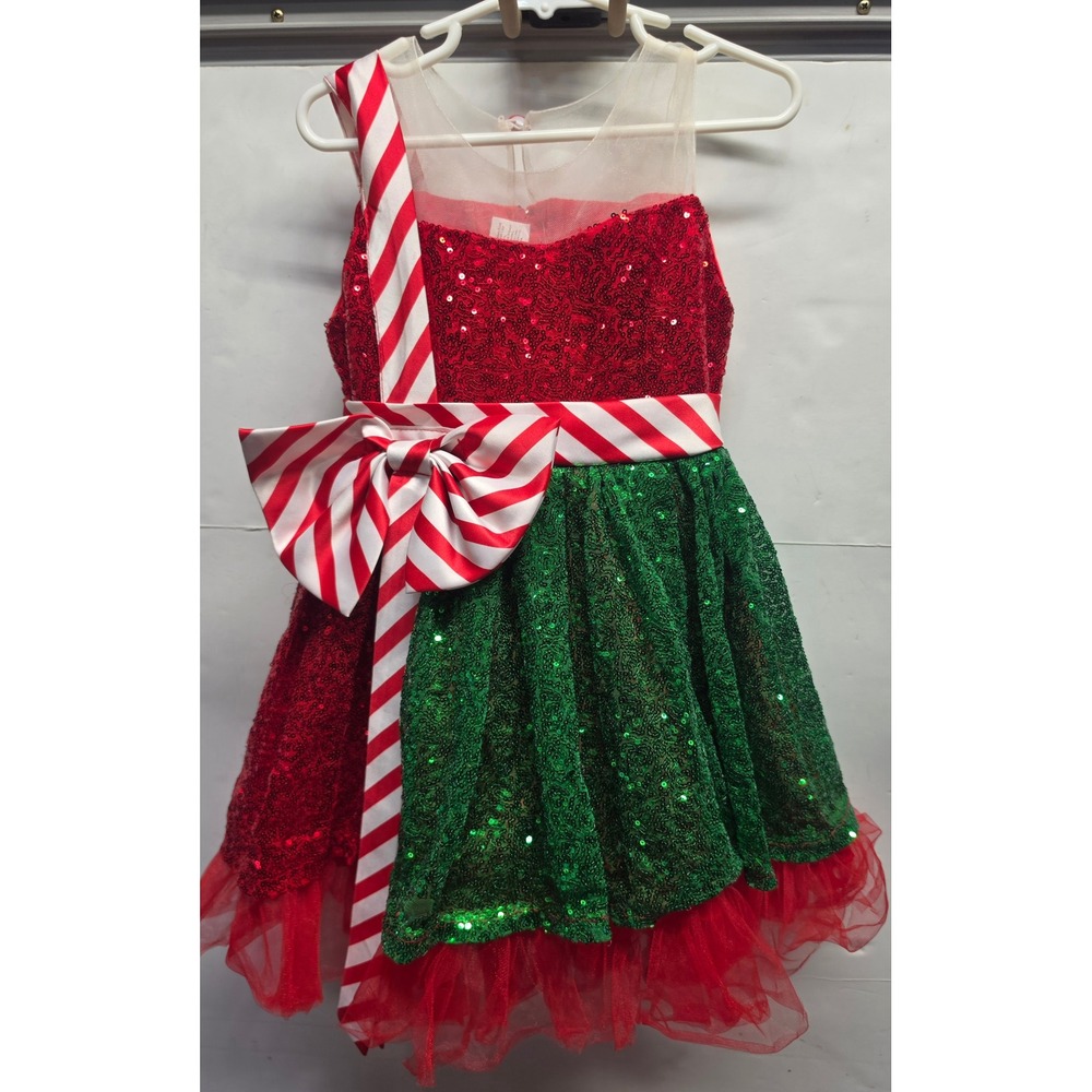 Girls Red Green Sequin Christmas Holiday Party Dress Striped Bow